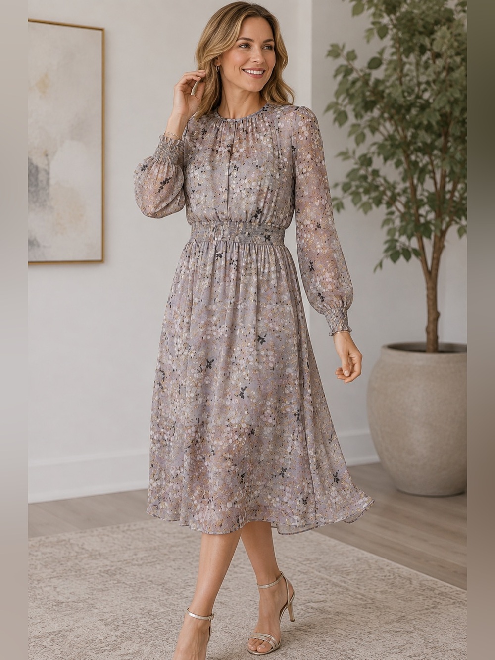 Bishop + Young Smocked‎ Waist Floral Victoria Midi Dress Large Ethereal Feminine